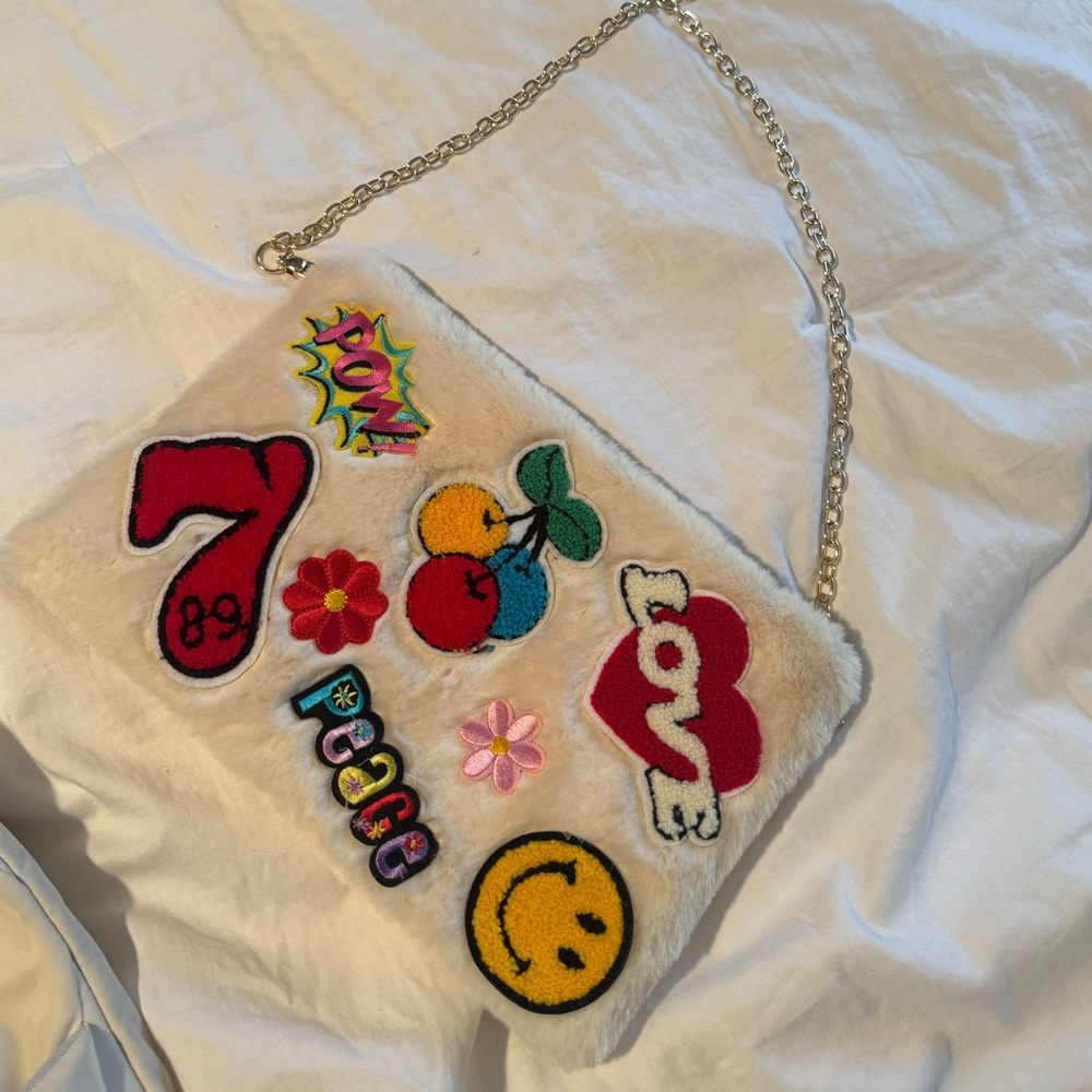 70s Fuzzy White Crossbody Bag with Colorful Patches